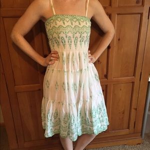 Flowy White Cotton Sundress w/ Green Accents
